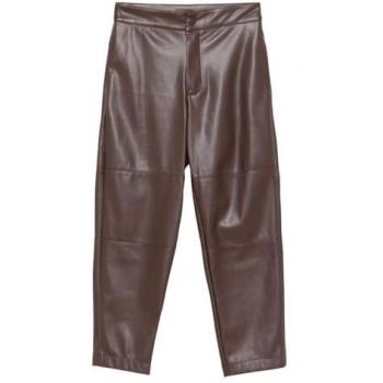 Pantaloni donna pelle sintetica marrone con inserti
