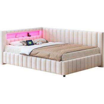 Cama Arcón Dual Tapizada 90x200cm, Lino Beige, Sin Colchón, USB