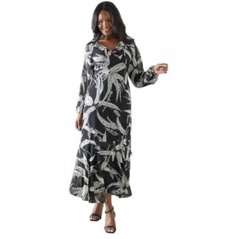 Abstract Ruffle Tiered Chiffon Maxi Dress in Black