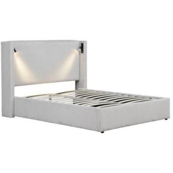 Lit Coffre Cortina en Velours Côtelé 140 x 190 cm – Beige avec Lampe Intégrée