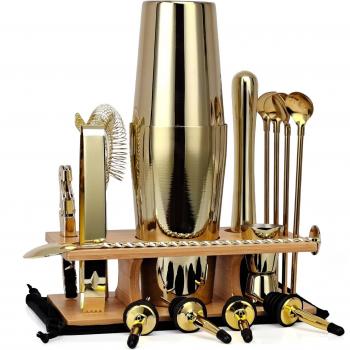 Cocktailshaker-Set von Barmann, 17 Teile, Roségold mit Bambusständer