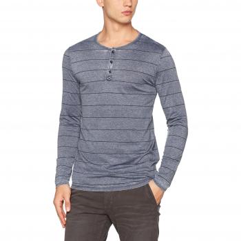 TOM TAILOR Denim Herren Langarmshirt Gestreiftes Henley Tee, Blau (Cosmos Blue 6814), Large