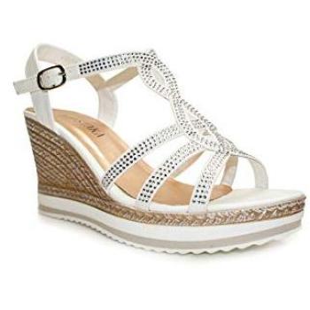 IVACHY Women's White Sparkling Crystal Platform Espadrille Wedges – Size 6