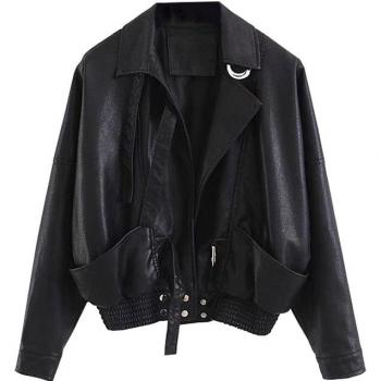 Biker Jacket Negra de Cuero Sintético con Bolsillos Cortos