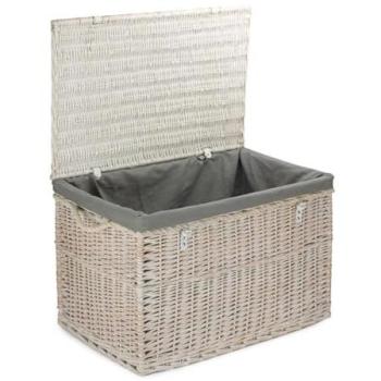 Large Red Wicker Storage Basket – White Wash Exterior, Grey Cotton Lining