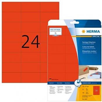 HERMA 4467 Self Adhesive Coloured Labels, 24 Labels per A4 Sheet, 20 Sheets, 70 x 37 mm, Red
