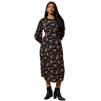 Petite Black Ditsy Floral Midi Dress with Shirred Cuffs for Women
