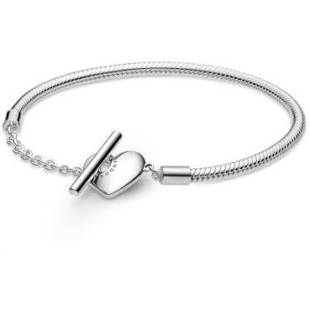 Pulsera Pandora Moments de Plata de Ley con Cadena de Serpiente y Cierre en T Corazón Grabable