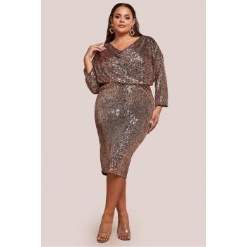 Gold Gleam Cowl-Neck Midi Dress – Goddiva Plus, Champagne