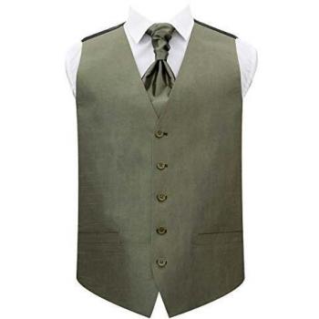 DQT XXL Sage Green Shantung Wedding Waistcoat Vest & Cravat Set