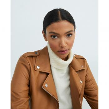 Blouson biker en viscose brun, poignets à fermeture éclair