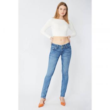 Pantalon Jean Bleuté Femme Taille Basse avec Deux Boutons