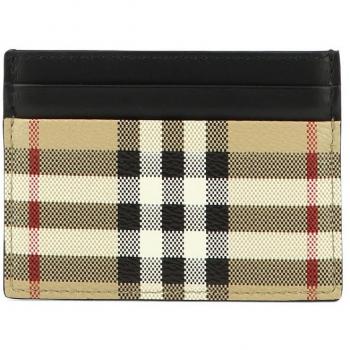 Burberry Men's Leather and Checked Fabric Card Holder in Beige
