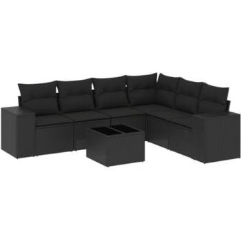 7-tlg. Garten-Sofagarnitur Schwarz Poly Rattan mit Kissen