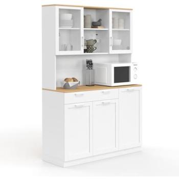 Buffet vitré 120 cm VITO – cuisine, 5 portes + tiroir blanc, plateau hêtre