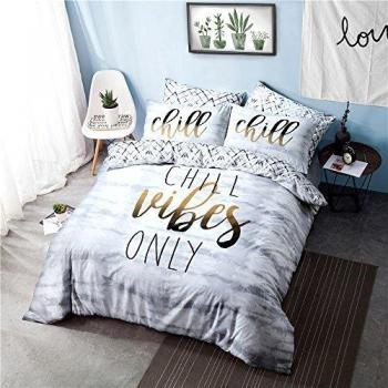 Sleepdown Chill Vibes Only Slogan Waves Soft Easy Care Grey White Diamond Geo Reversible Duvet Cover Quilt Bedding Set