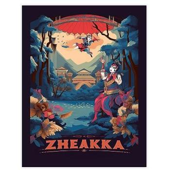 Kabuki Performance on Canvas – Blue, Pink, Mountains & Lake Poster