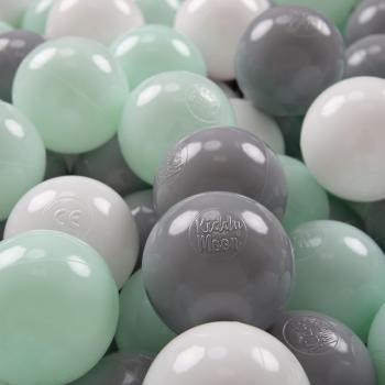 KiddyMoon 100 Palline Morbide Colorate da Gioco per Bambini Ø 7cm in Plastica Soffice, Certificato Made in EU, Colori Bianco/Grigio/Menta