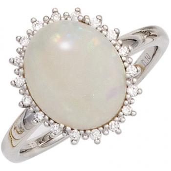 JOBO Damenring 585er Gold Weißgold 1 Opal 18 Diamanten Brillanten Größe 56