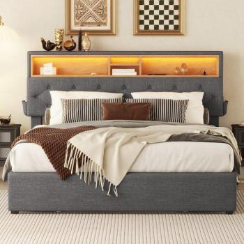 Lit Moderne 140x200 cm avec 4 Tiroirs et Éclairage LED, Gris