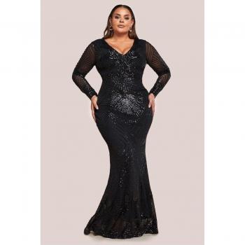 Goddiva Women's Black Starburst Sequin Maxi Dress – Size 26