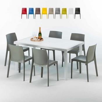 Mobilier de terrasse blanc 150x90cm avec 6 chaises colorées