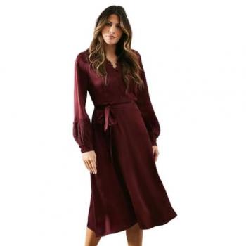 Women's Wine Satin Lace Midi Dress