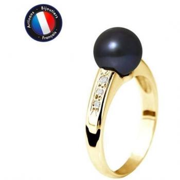 Anello con perla d'acqua dolce 8-9 mm colore nero Tahiti e diamante in oro giallo