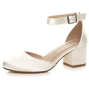 Satin Ivory Mid‑Block Heel With Ankle Strap