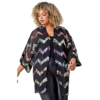 Roman Curve 3/4 Sleeve Sparkle Kimono – Black, 16