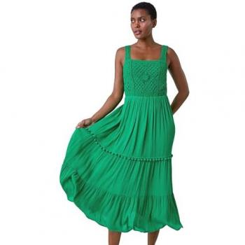 Green Crochet Detail Cotton‑Blend Maxi Dress – Size 14 (Women)