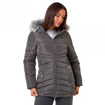 Roman Women’s Charcoal Faux Fur Hooded Quilted Jacket – Size 18