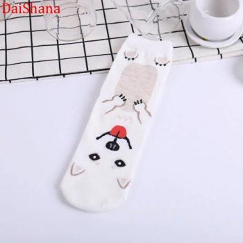 Harajuku Cartoon Cat Dog Socks for Girls Casual Short Grey Black