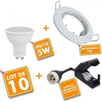 Kit de 10 spot encastrable fixe blanc avec GU10 LED 5 W (équiv. 50 W), lumière blanche froide 6000 K