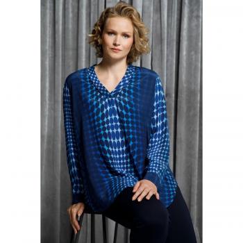 Plus Size Blue Cupro Blend V-Neck Blouse with Optical Art Print for Women, Size 24/26