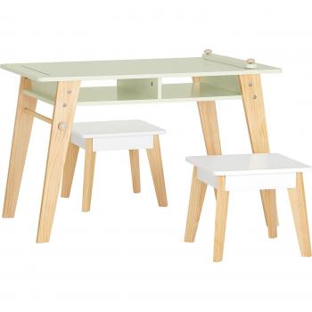 Juego de mesa y 2 taburetes infantiles escritorio infantil con 2 compartimentos y 1 soporte para rollo de papel blanco madera y verde KMB92-GR