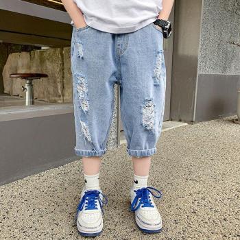 Pantalones vaqueros para niños, Capris, azul claro, con agujeros, holgados, 12 años