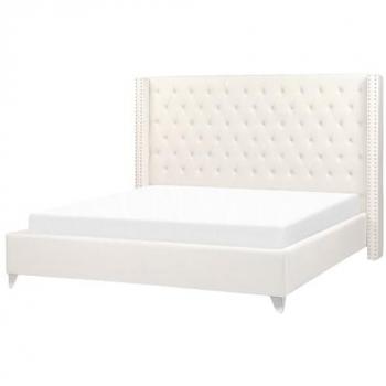 Off-White Velvet Upholstered Tufted Bed Frame with Nailhead Trim
