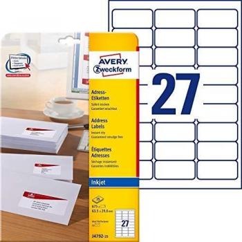 Avery Zweckform J4792-25 Address Labels, 63.5 x 29.6 mm, White, 675 Labels, Permanent Adhesive