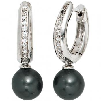 Jobo Damen Creolen 925 Silber 2 synthetische Perlen 20 Zirkonia Ohrringe