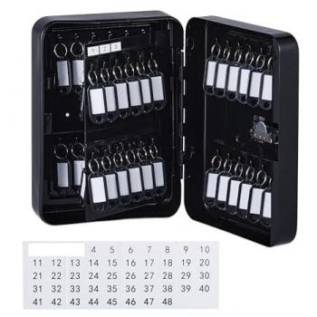 Armadietto Portachiavi da Parete con Cassetta Sicurezza e Codice, 48 Ganci, Nero, 25x18x7,5 cm