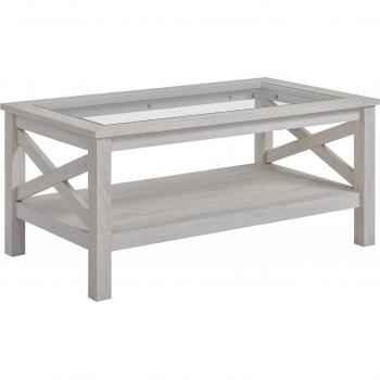 HOMCOM Mesa de Centro Auxiliar con Estante y Encimera de Vidrio Templado 100x55x45 cm Blanco Veteado