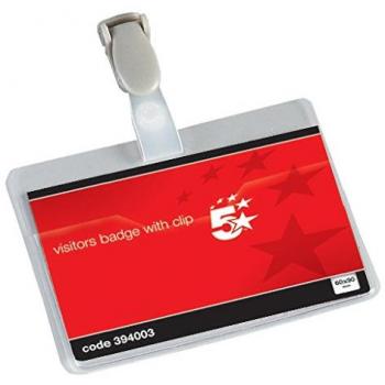 5 Star Office Visitor Identification Badges with Plastic Clips, Transparent Design, Landscape Format, Pack of 25