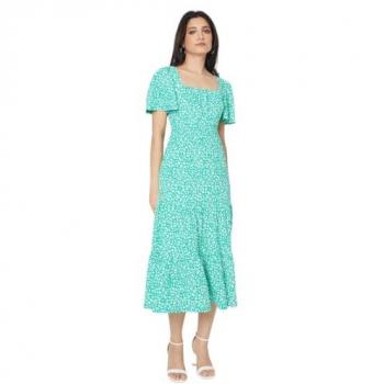 Square‑Neck Green Ditsy Tiered Jersey Midi