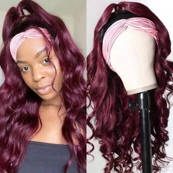 Ombre Burgundy Synthetic Wig Body Wave with Headband for Black Women