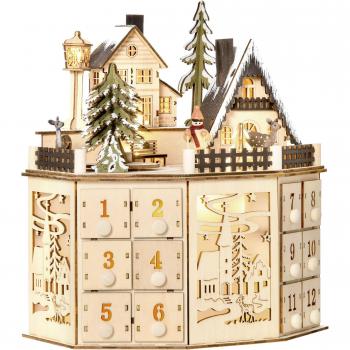 Adventskalender aus Naturholz mit 24 Schubladen und LED-Dekoration