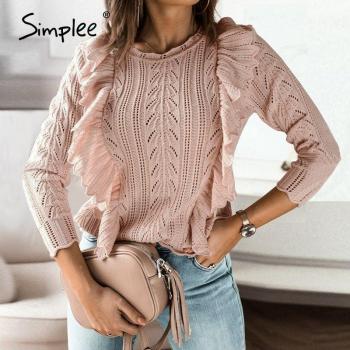 Pull en tricot rose à volants pour femme, Simplee, manches longues, ajusté, automne-hiver