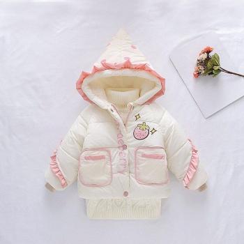 Parka pour fille 12 mois à 3 ans, manteau chaud, volants, capuche, rose et blanc