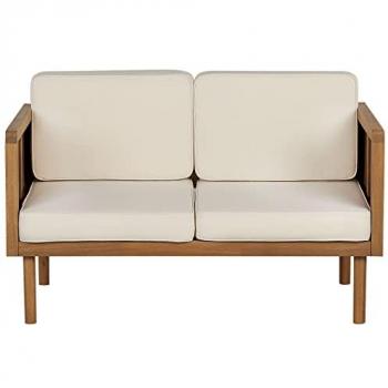 Divano da Giardino 2 Posti in Legno di Acacia con Cuscini Beige Chiaro Design Slatted 76 cm Esterno