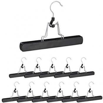 Perchas de Madera con Pinzas, Relaxdays, Pack de 12, Antideslizantes, 17 x 25 x 2,3 cm, Negro